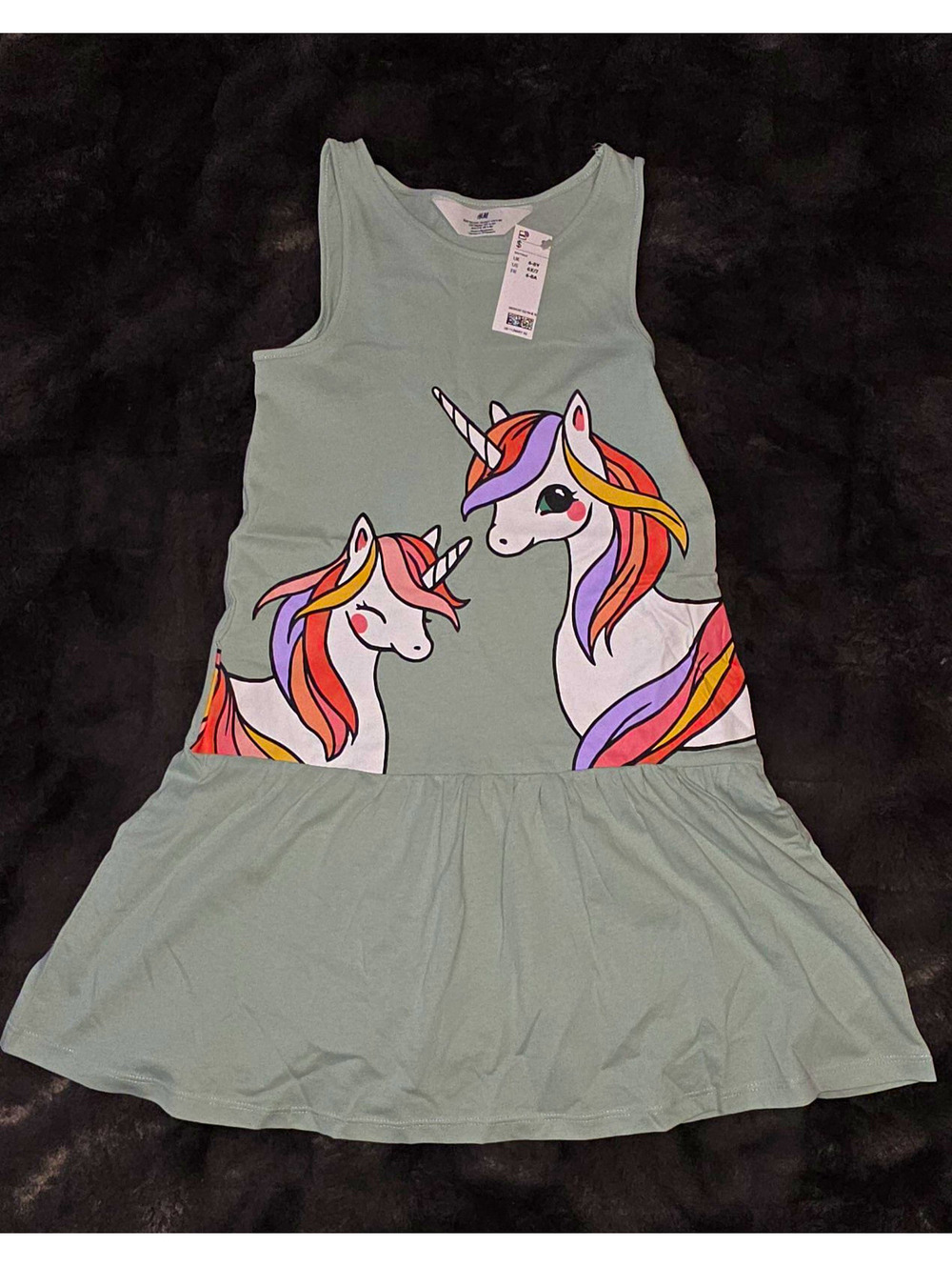 H&M Girls Size 6-7Y Green Unicorn Graphic Print Sleeveless Tank Dress Knee